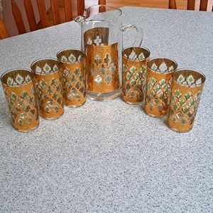 Vintage MCM Culver 22K Gold  and Green Translucent Pitcher and 6 Highball Glasse
